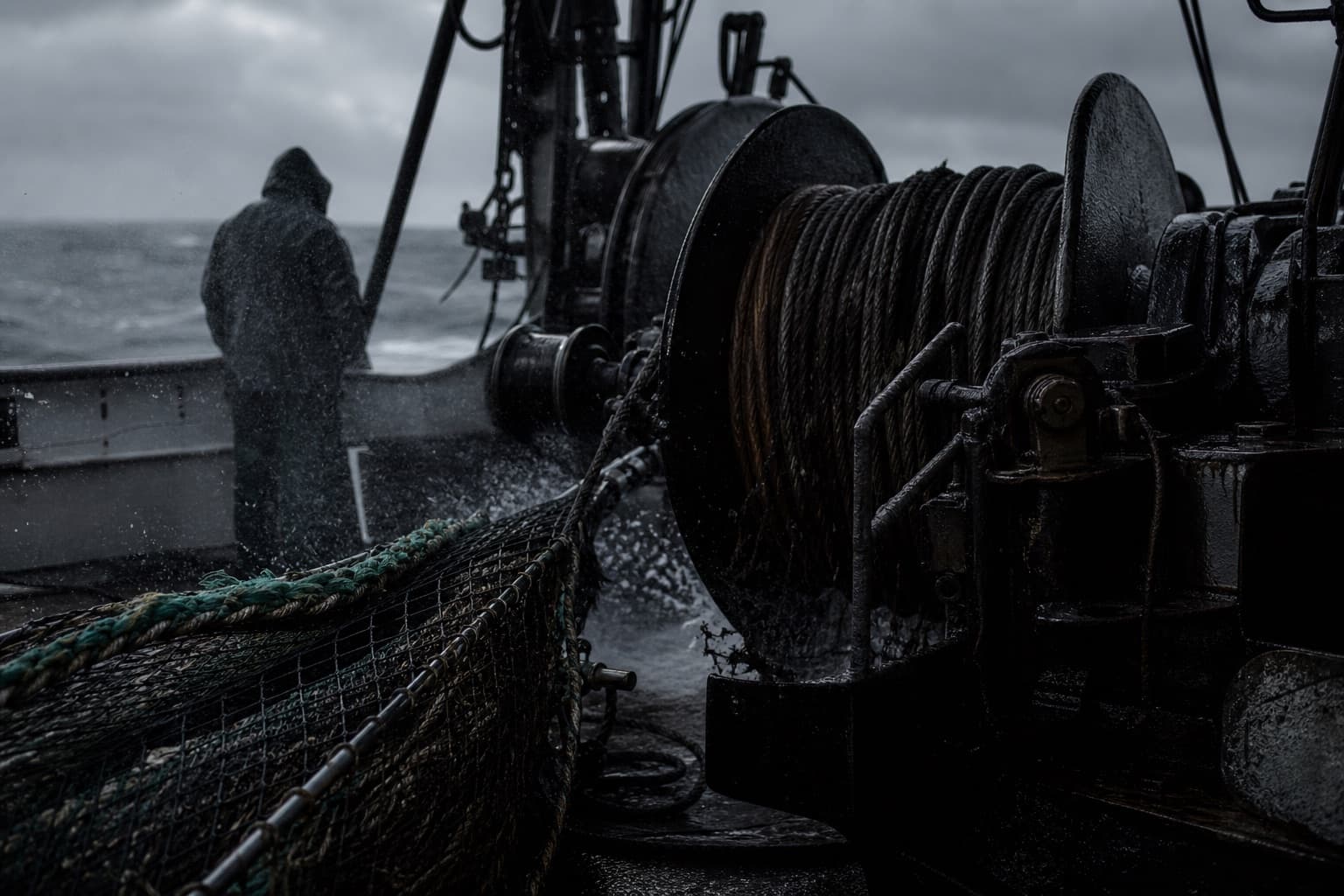 Deck winch and nets on a commercial fishing boat at sea